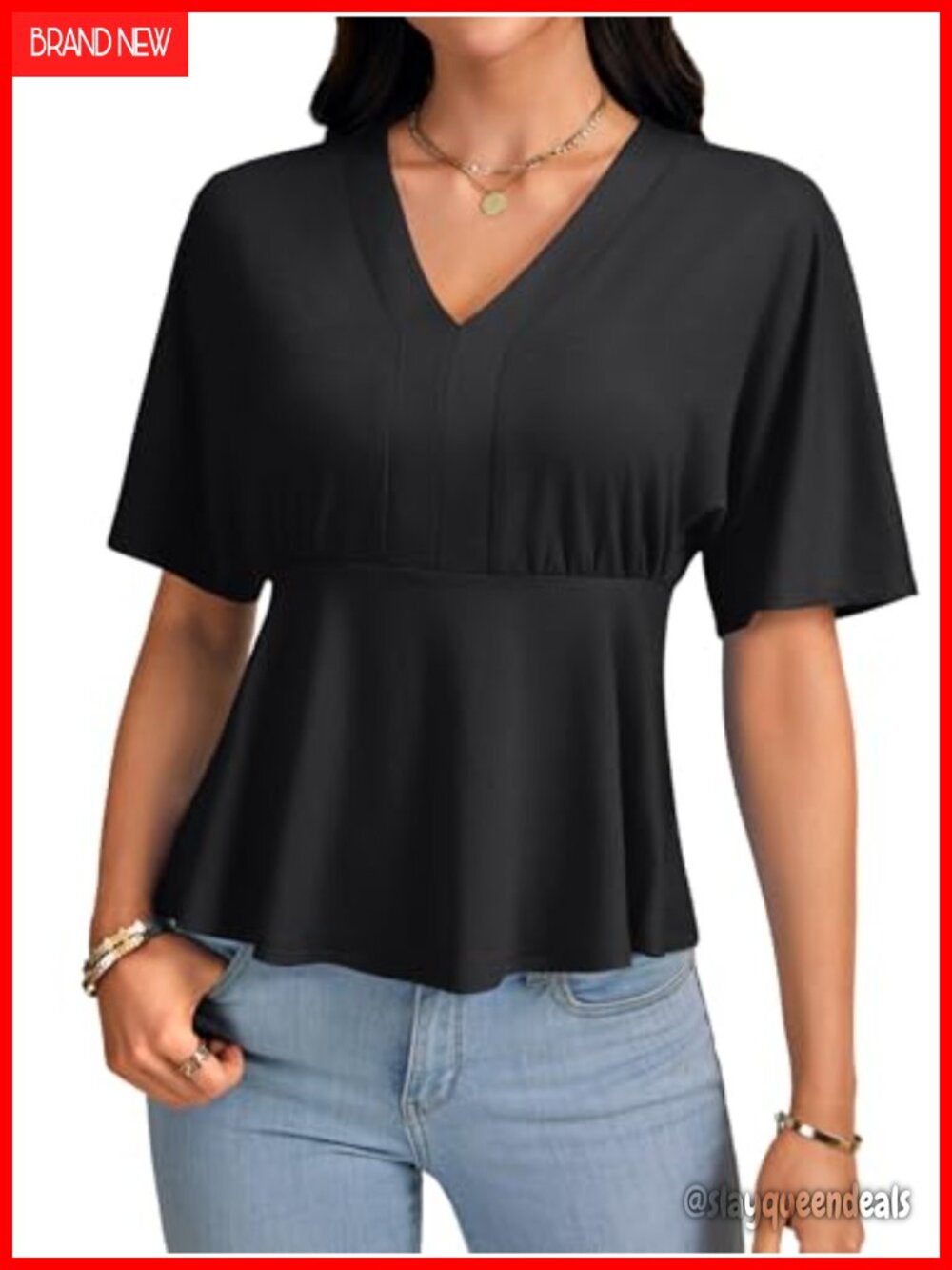 Ruffle V Neck Short Sleeve Ruched Tunic Blouse Top - Picture 3 of 6